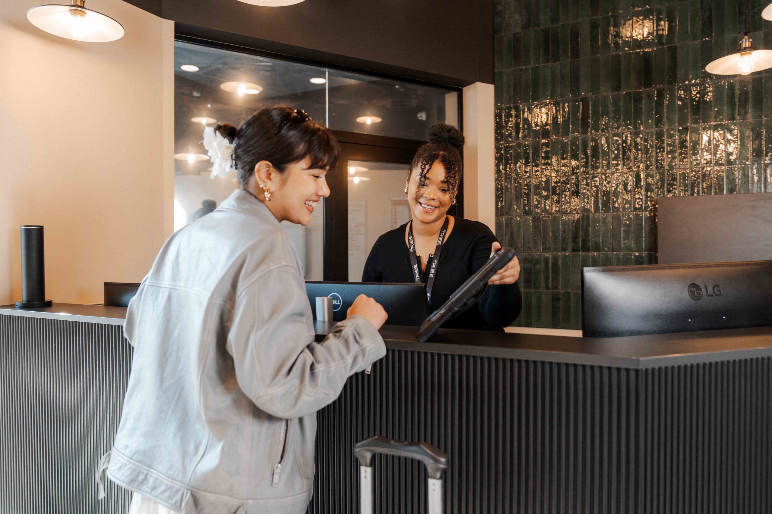Students at reception inside accommodation