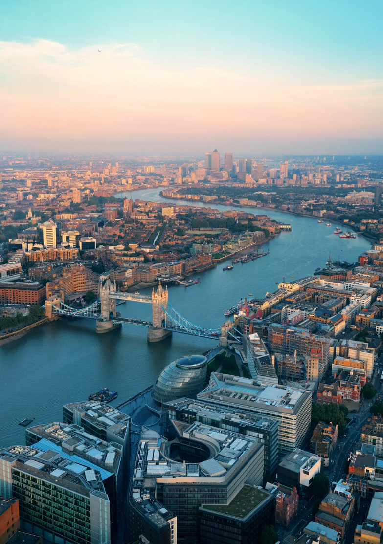 Aerial view of the City of London with Tower Bridge and the Thames