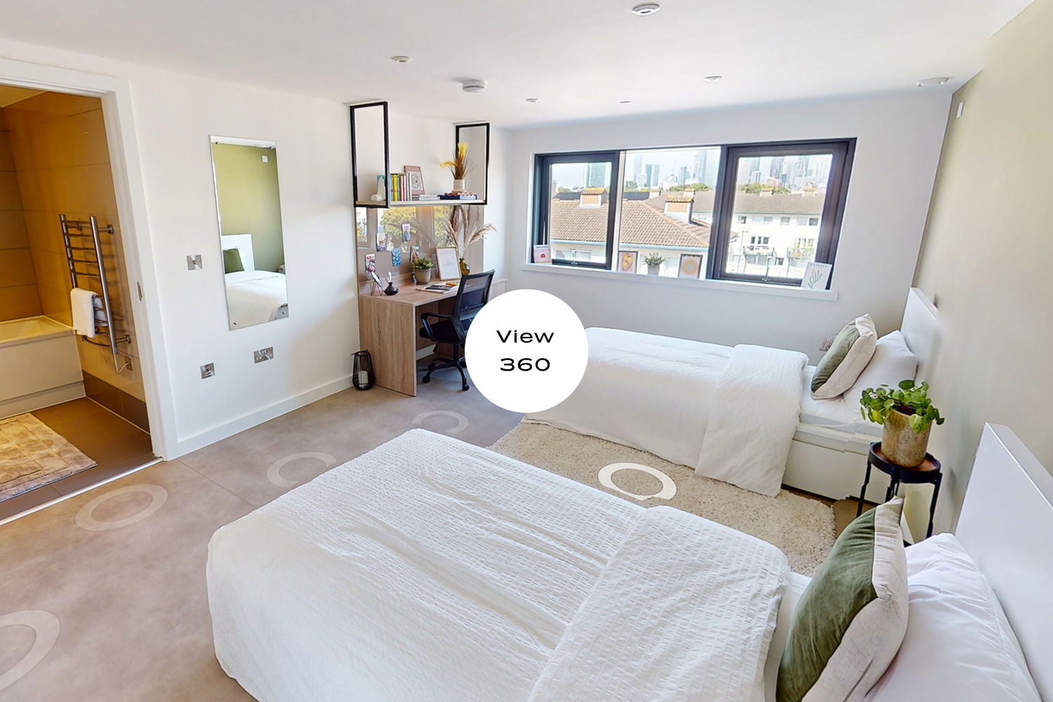 360 view of student accommodation twin room with two beds and en-suite