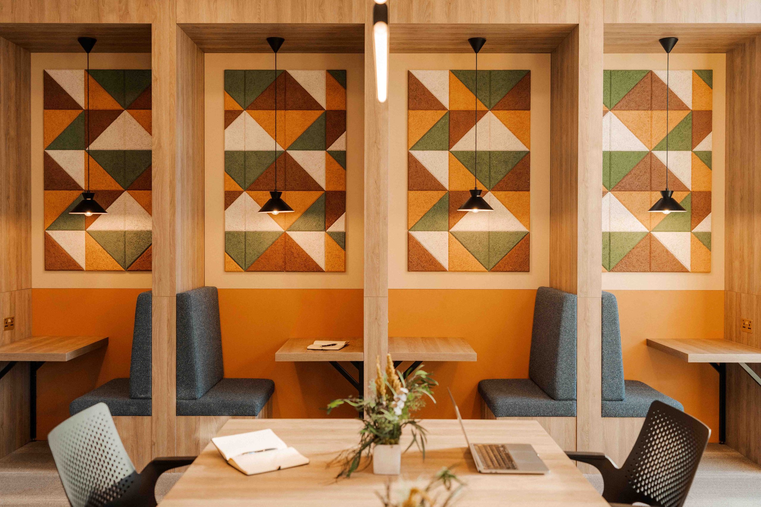 Orange and grey study area inside London student accommodation
