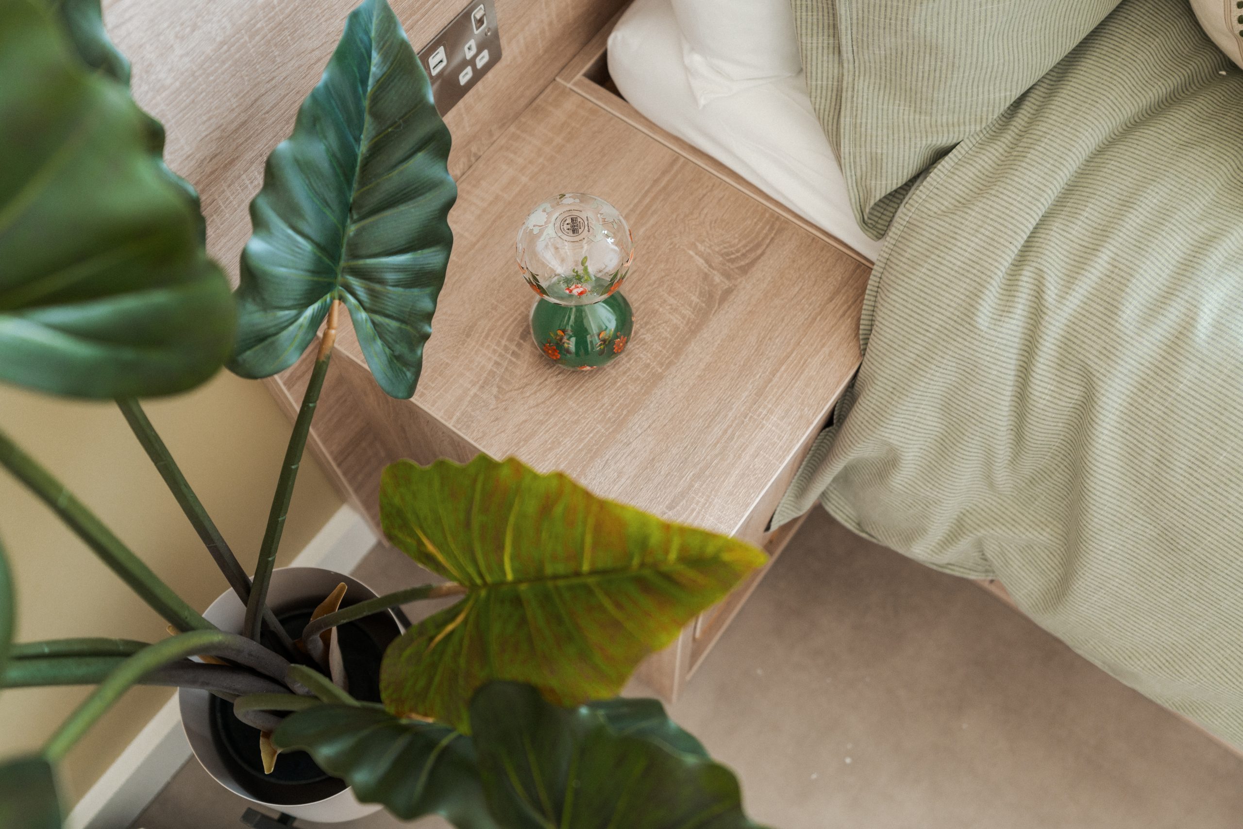 Bedside table with an hour glass, next to a green plant.
