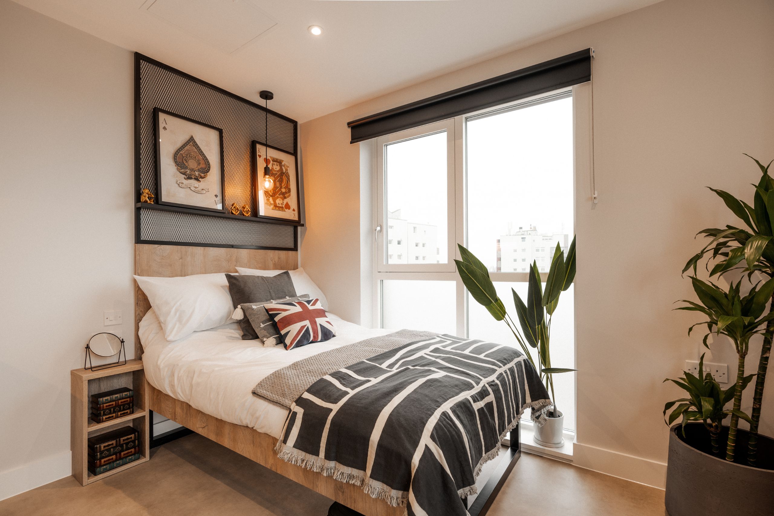Student room with white bed with Union Jack bedding