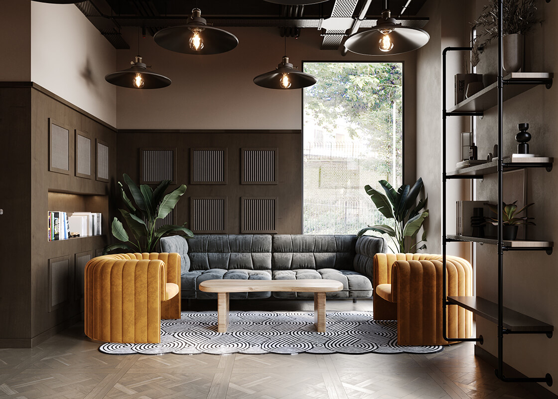 Student accommodation seating area with sofa and two chairs