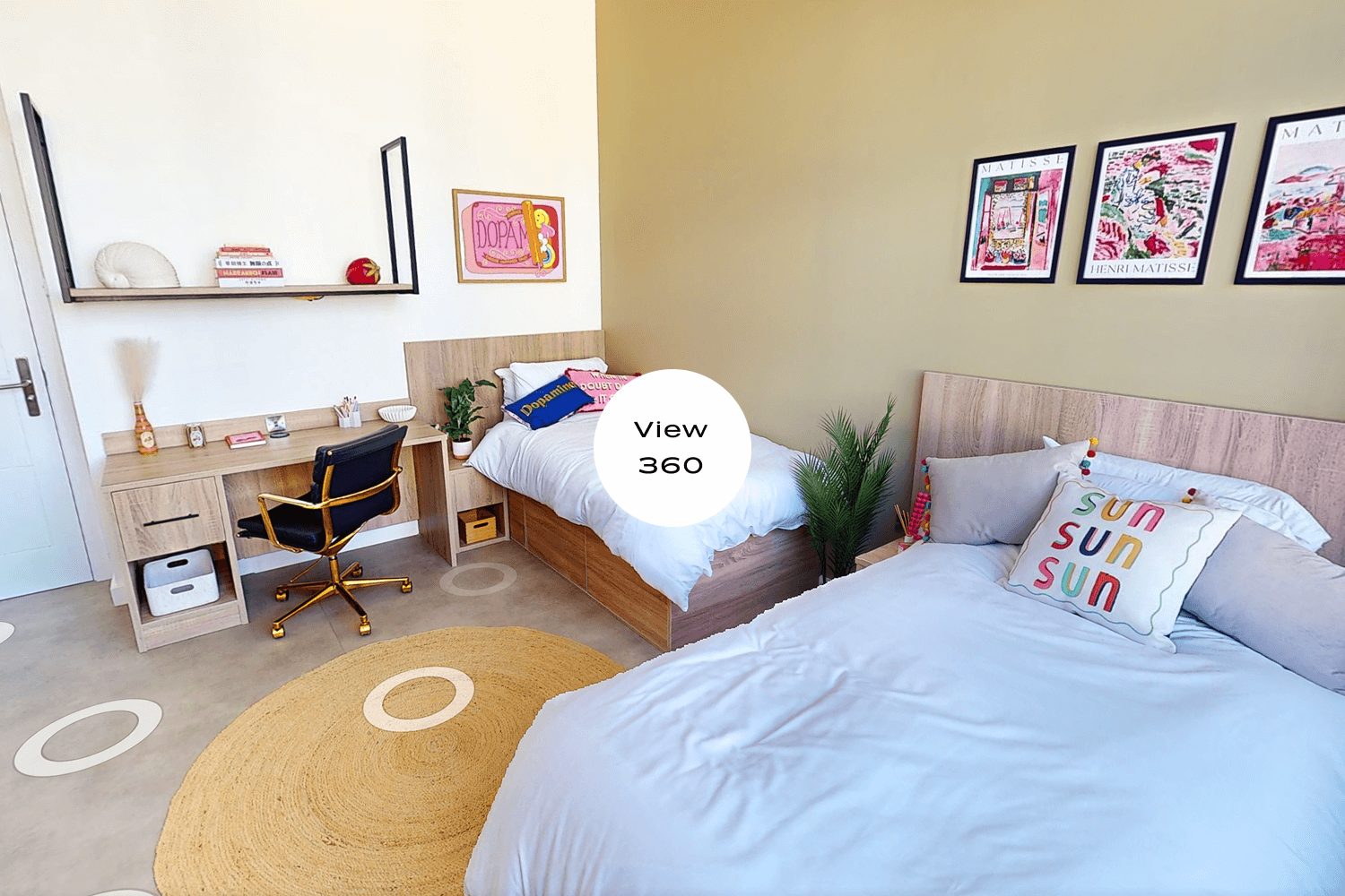 360 view of twin student accommodation room with desk and two beds
