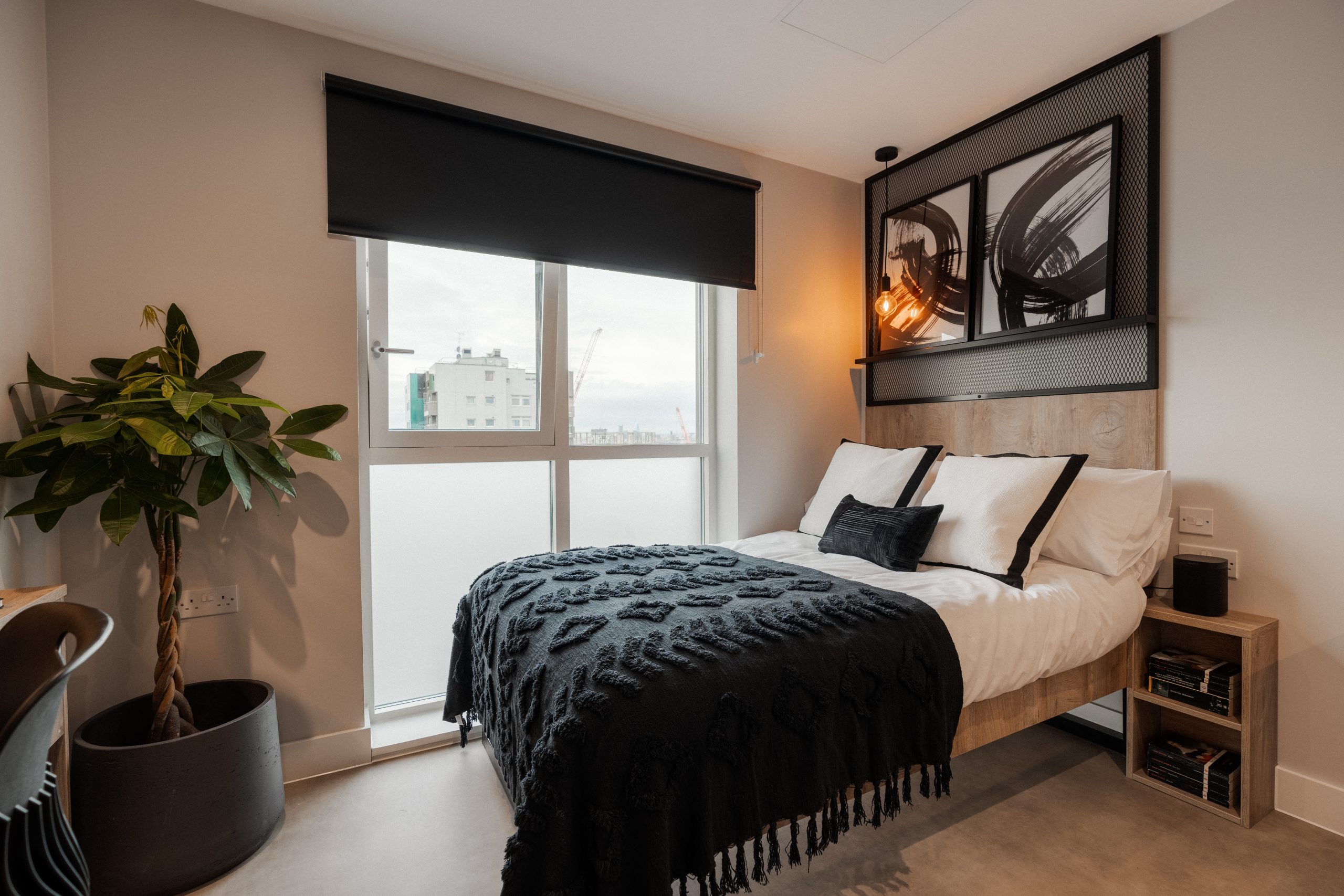 Student room with a bed, window and art
